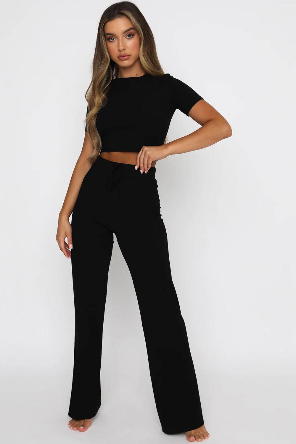 Round Neck Short Sleeve Top and Pants Set - DaTrendStore.Com
