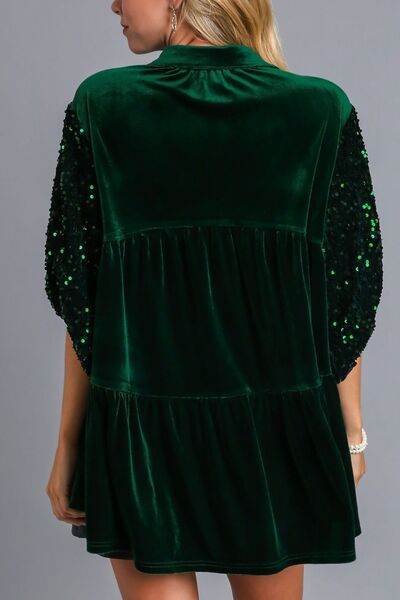 Umgee Sequin Detail Tiered Back Half Sleeve Shirt - DaTrendStore.Com