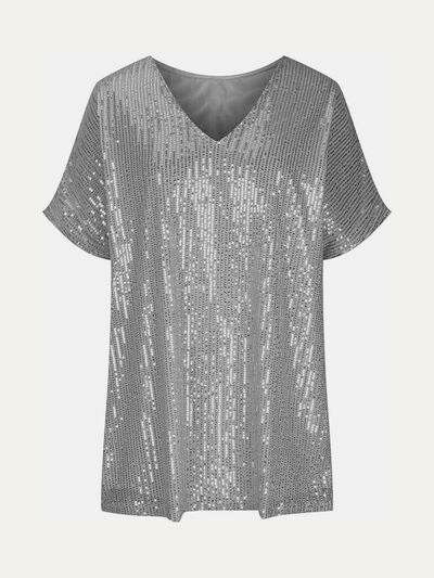 Full Size Sequin V-Neck Short Sleeve Top - DaTrendStore.Com