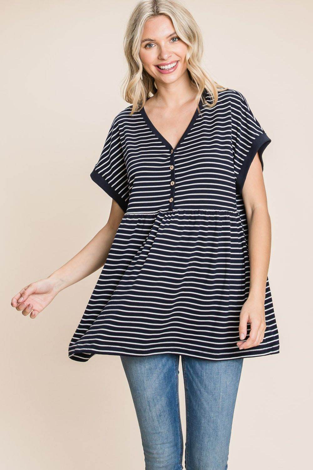 Cotton Bleu by Nu Label Striped Button Front Baby Doll Top - DaTrendStore.Com