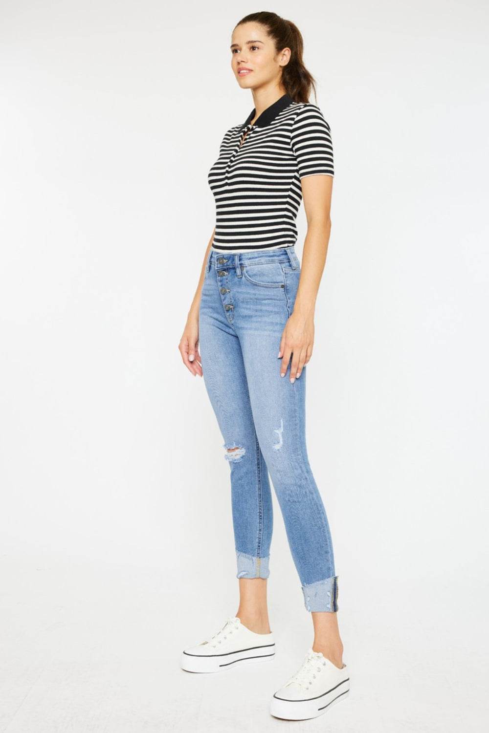 Kancan Distressed Cat's Whiskers Button Fly Jeans - DaTrendStore.Com