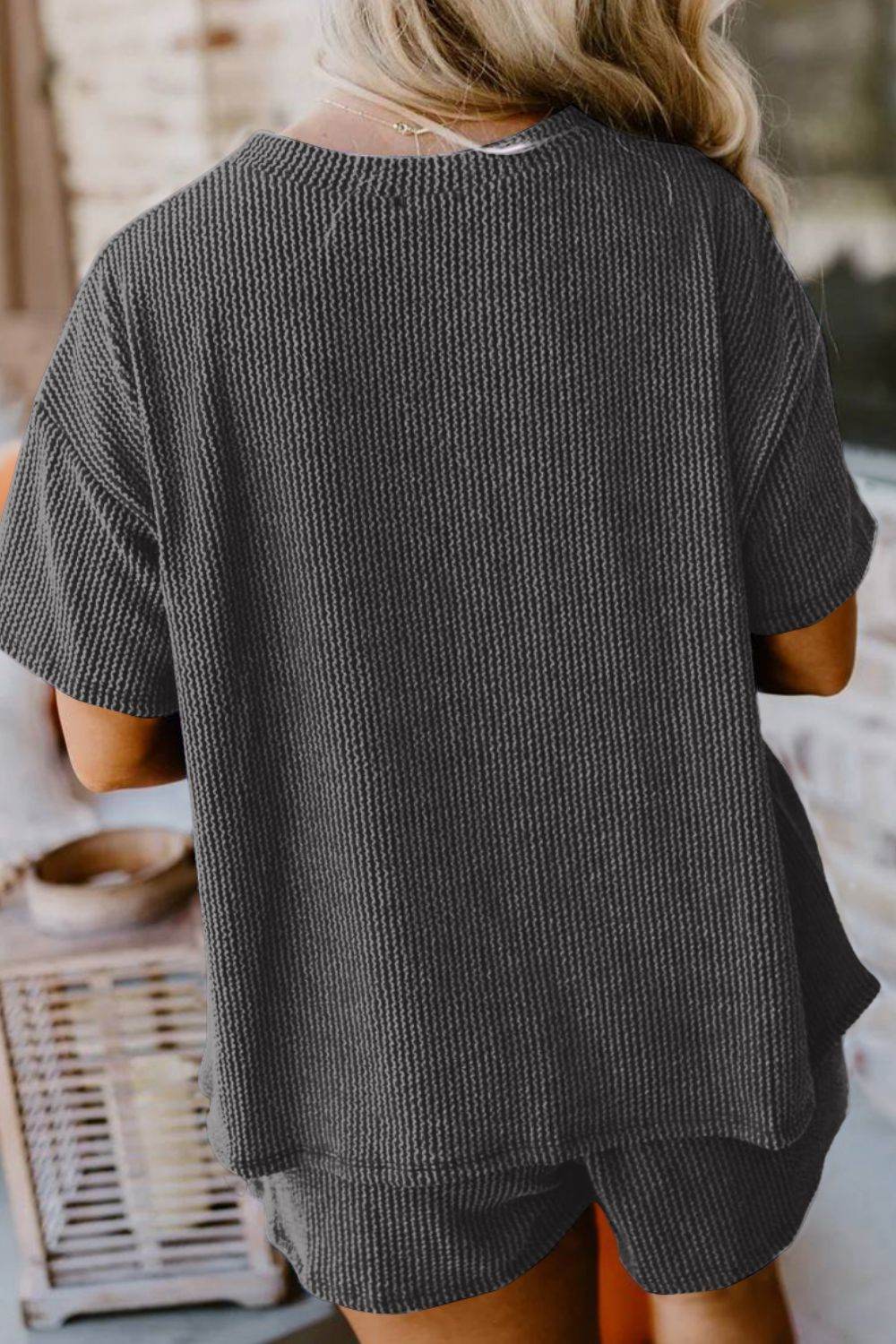 Textured Round Neck Top and Shorts Set - DaTrendStore.Com