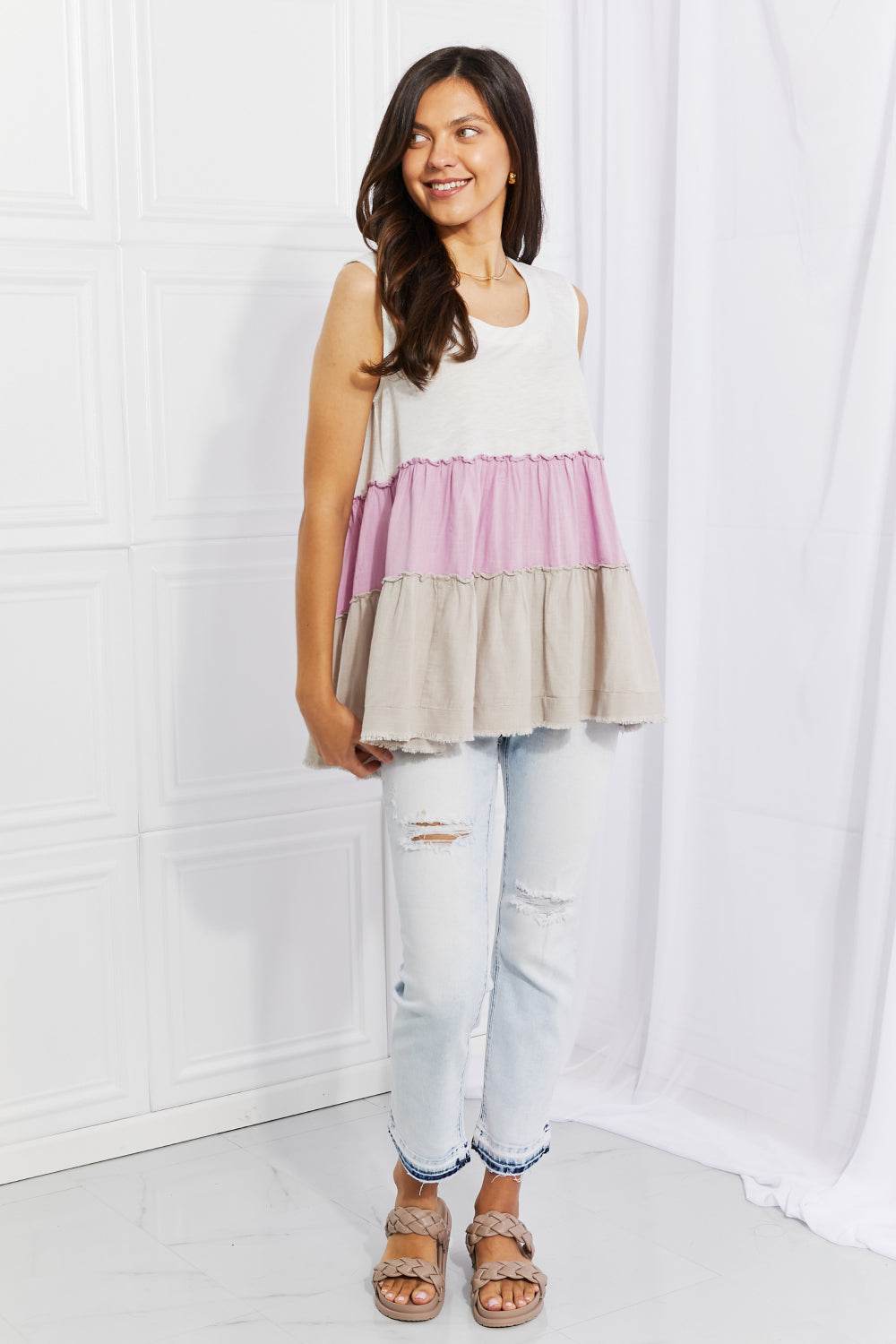 White Birch Full Size Watching the Sunset Color Block Babydoll Top - DaTrendStore.Com