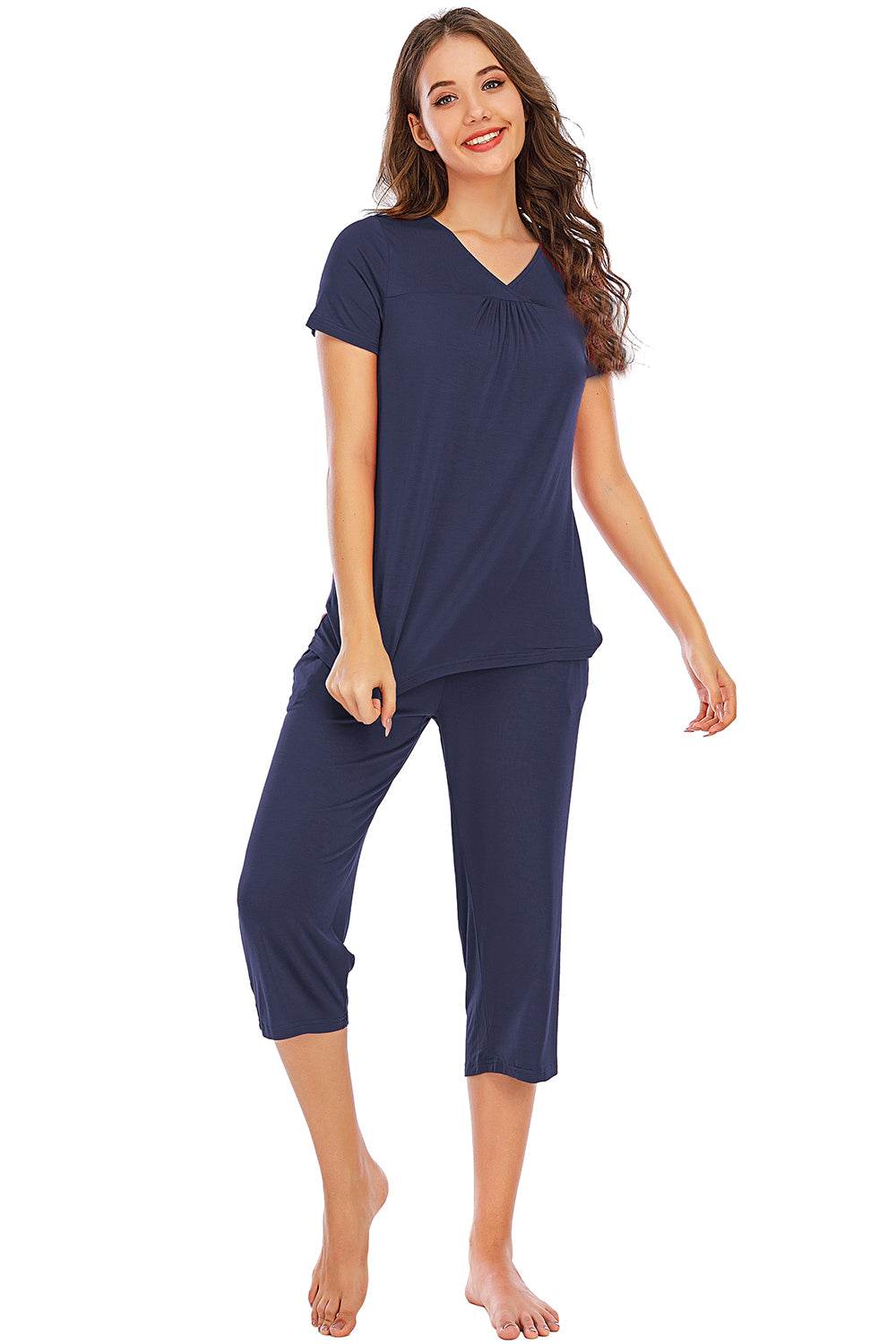 V-Neck Short Sleeve Top and Pants Lounge Set - DaTrendStore.Com
