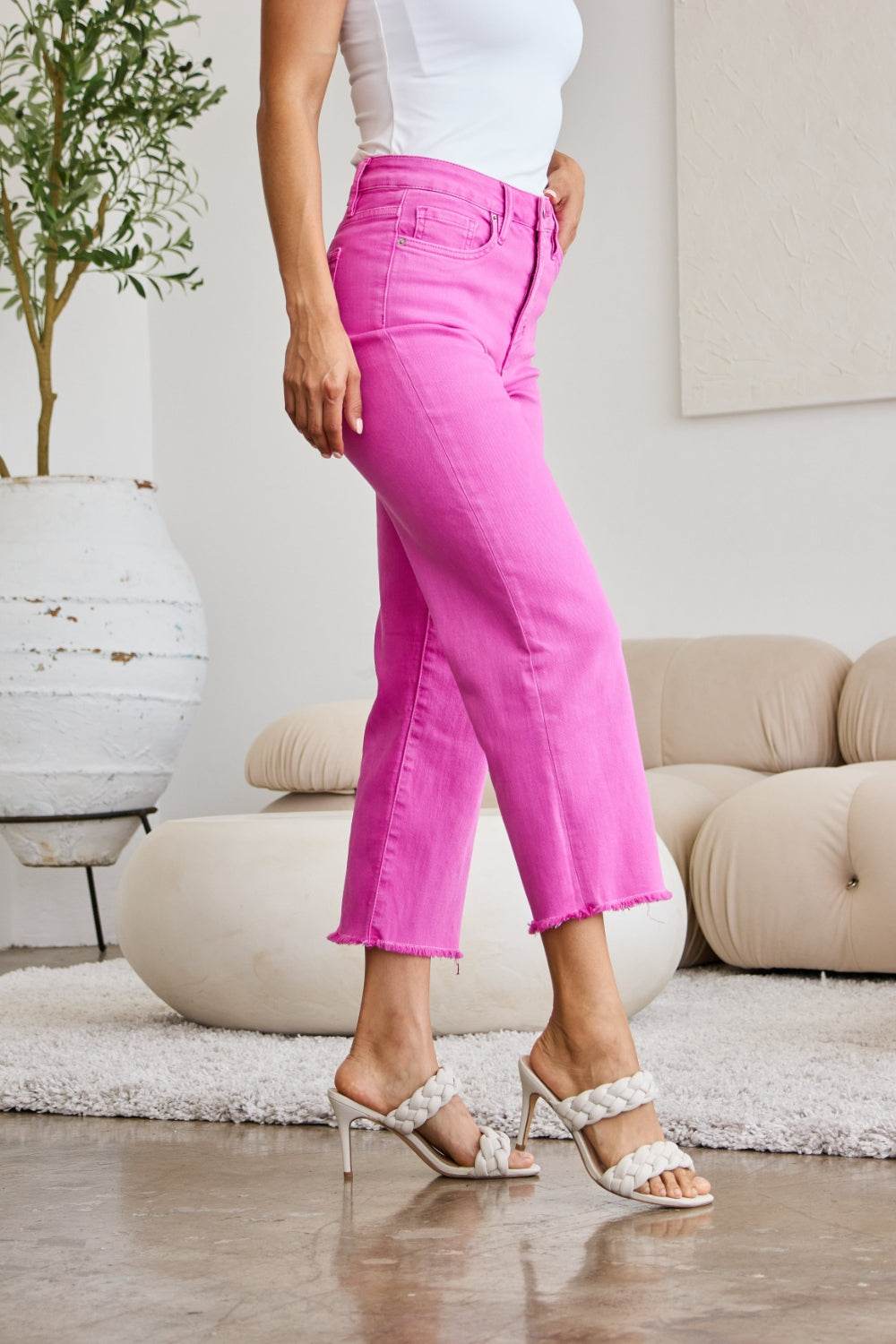 RFM Crop Chloe Full Size Tummy Control High Waist Raw Hem Jeans - DaTrendStore.Com