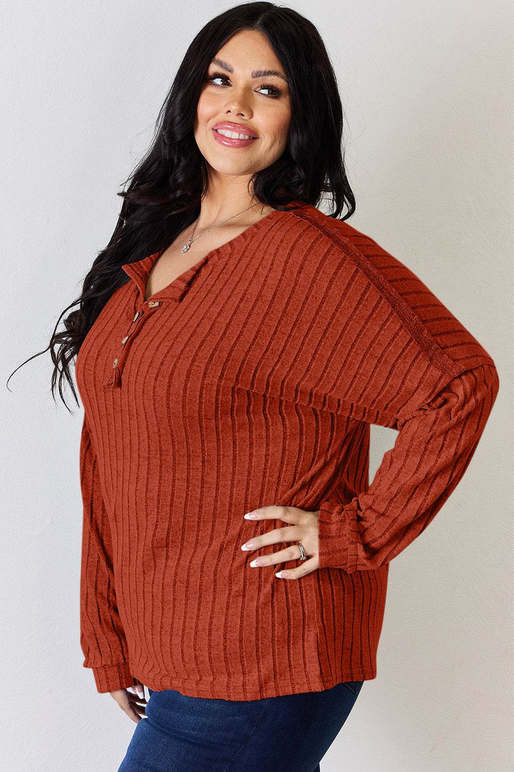 Basic Bae Full Size Ribbed Half Button Long Sleeve T-Shirt - DaTrendStore.Com
