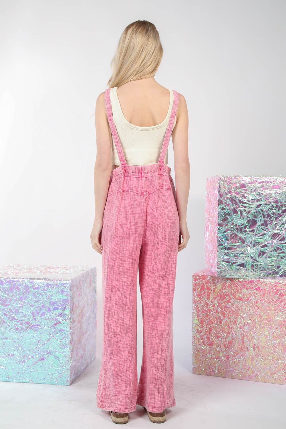 VERY J Texture Washed Wide Leg Overalls - DaTrendStore.Com