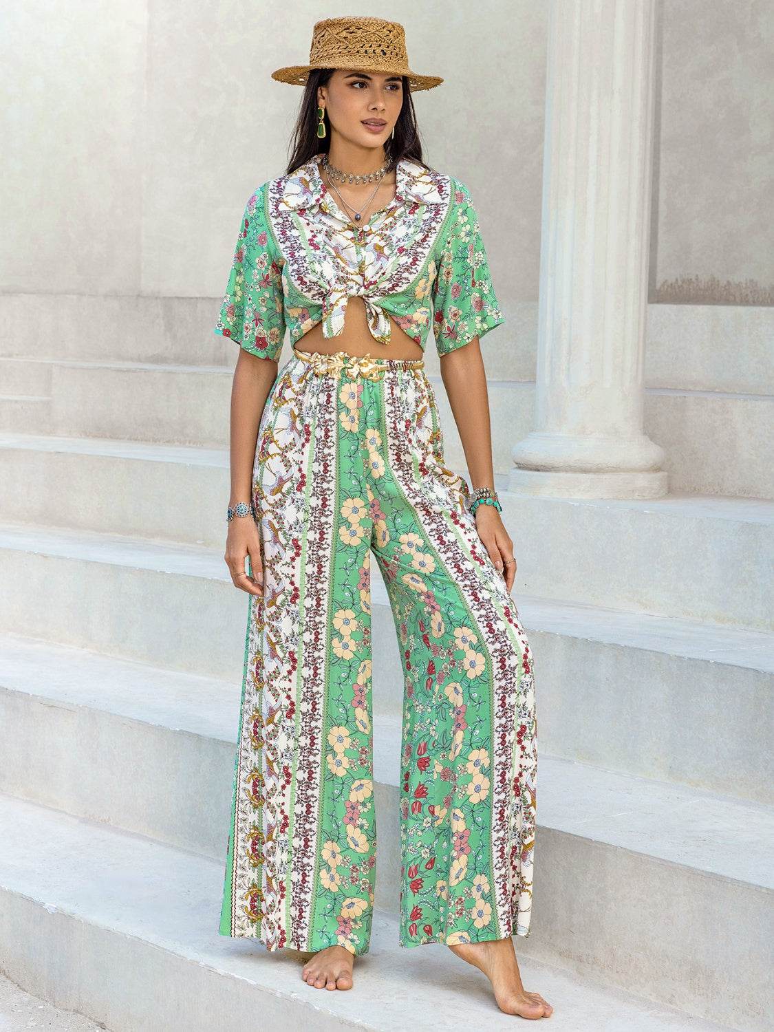 Printed Half Sleeve Top and Wide Leg Pants Set - DaTrendStore.Com