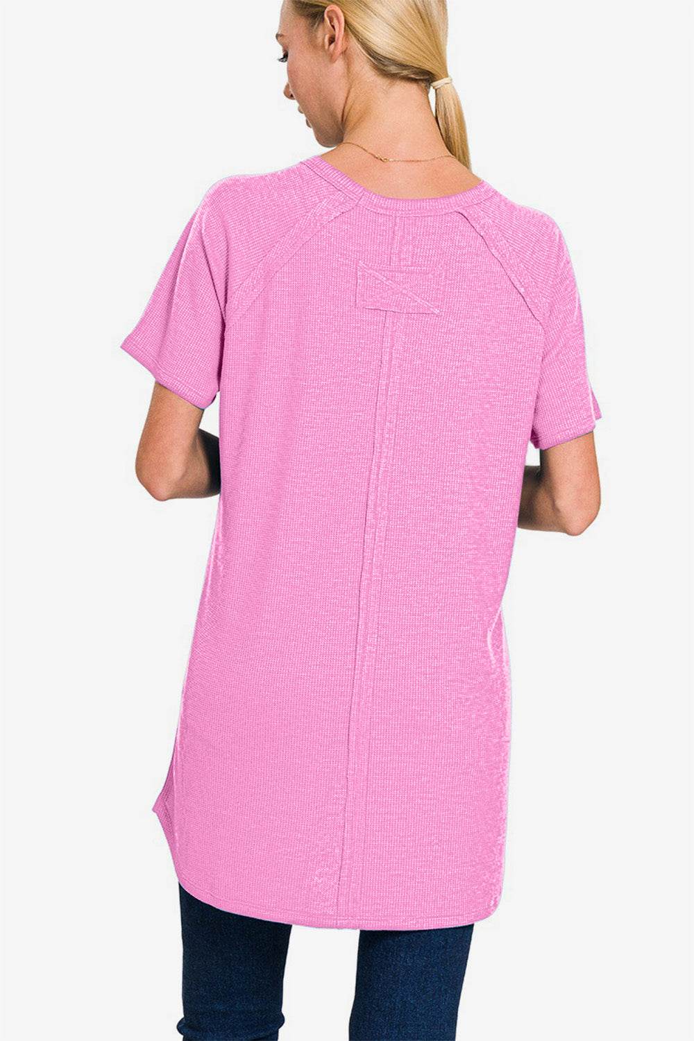 Zenana Slit Round Neck Short Sleeve Waffle Top - DaTrendStore.Com