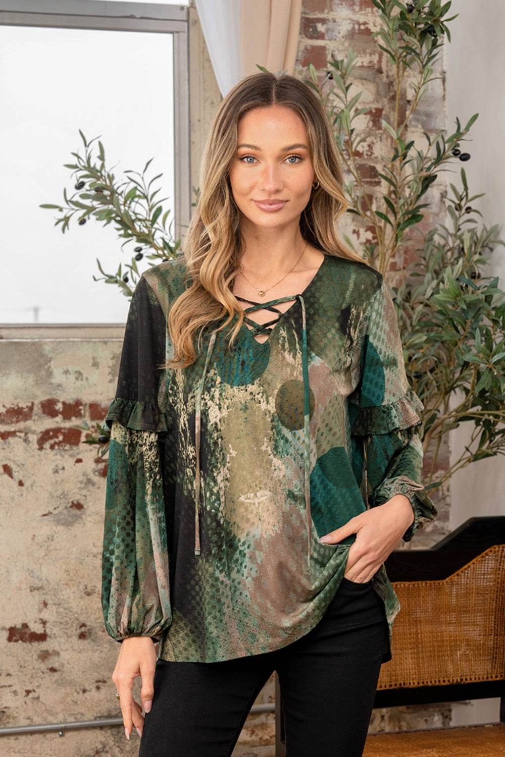 Sew In Love Full Size Snakeskin Print Long Sleeve Top with Ruffle - DaTrendStore.Com