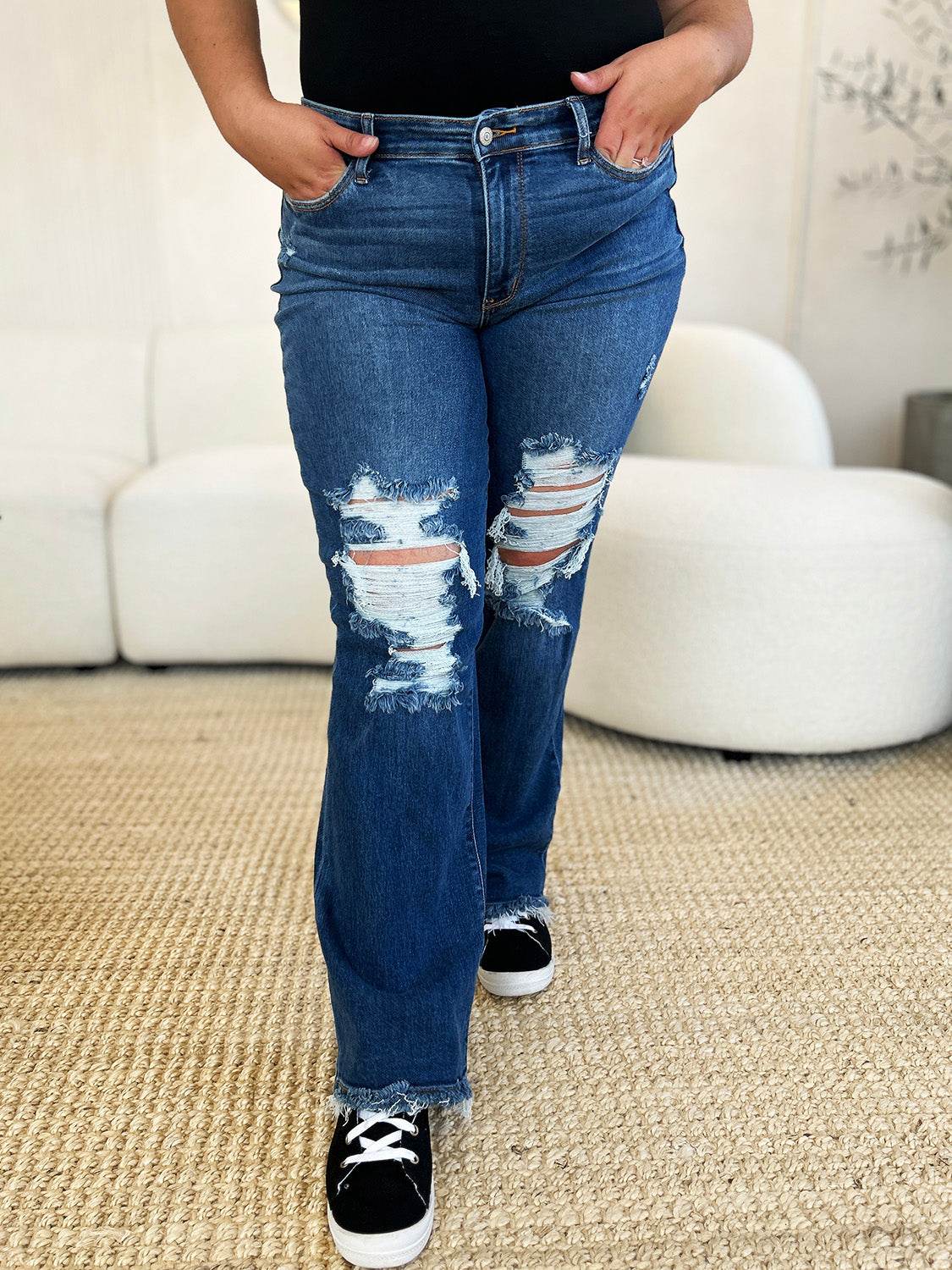 Judy Blue Full Size Mid Rise Distressed Raw Hem Jeans - DaTrendStore.Com