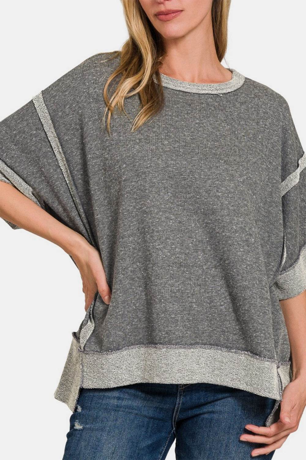 Zenana Contrast Trim Drop Shoulder T-Shirt - DaTrendStore.Com