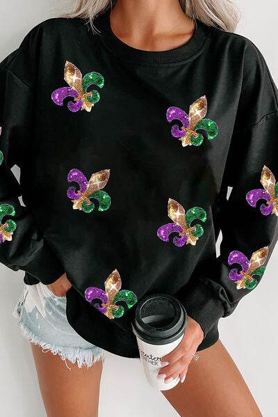 Sequin Round Neck Dropped Shoulder Sweatshirt - DaTrendStore.Com