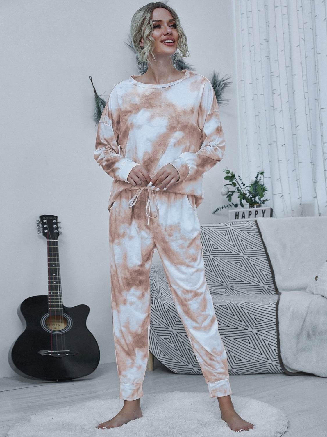 Shiny Tie-dye Round Neck Top and Drawstring Pants Lounge Set - DaTrendStore.Com