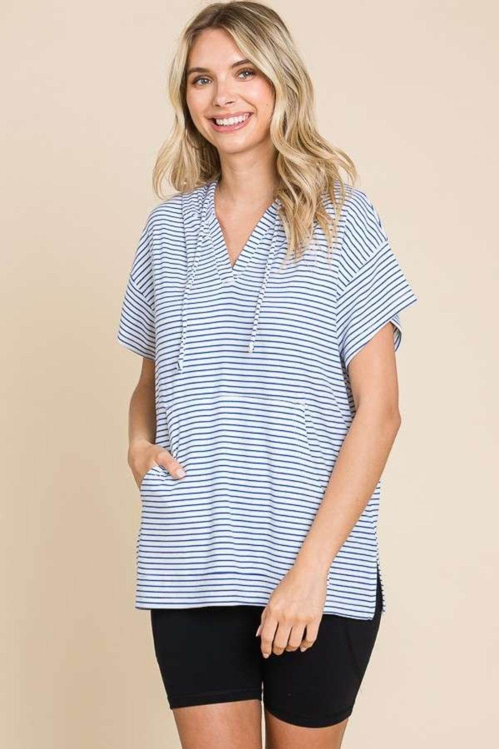Culture Code Full Size Striped Short Sleeve Hooded Top - DaTrendStore.Com