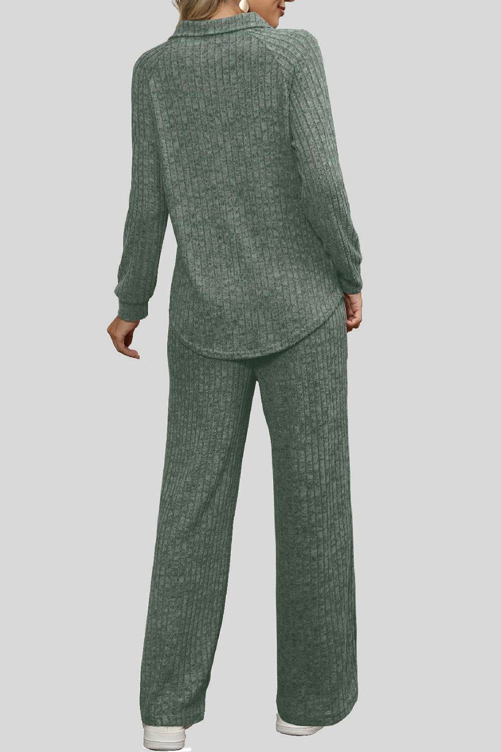Ribbed Long Sleeve Top and Pocketed Pants Set - DaTrendStore.Com