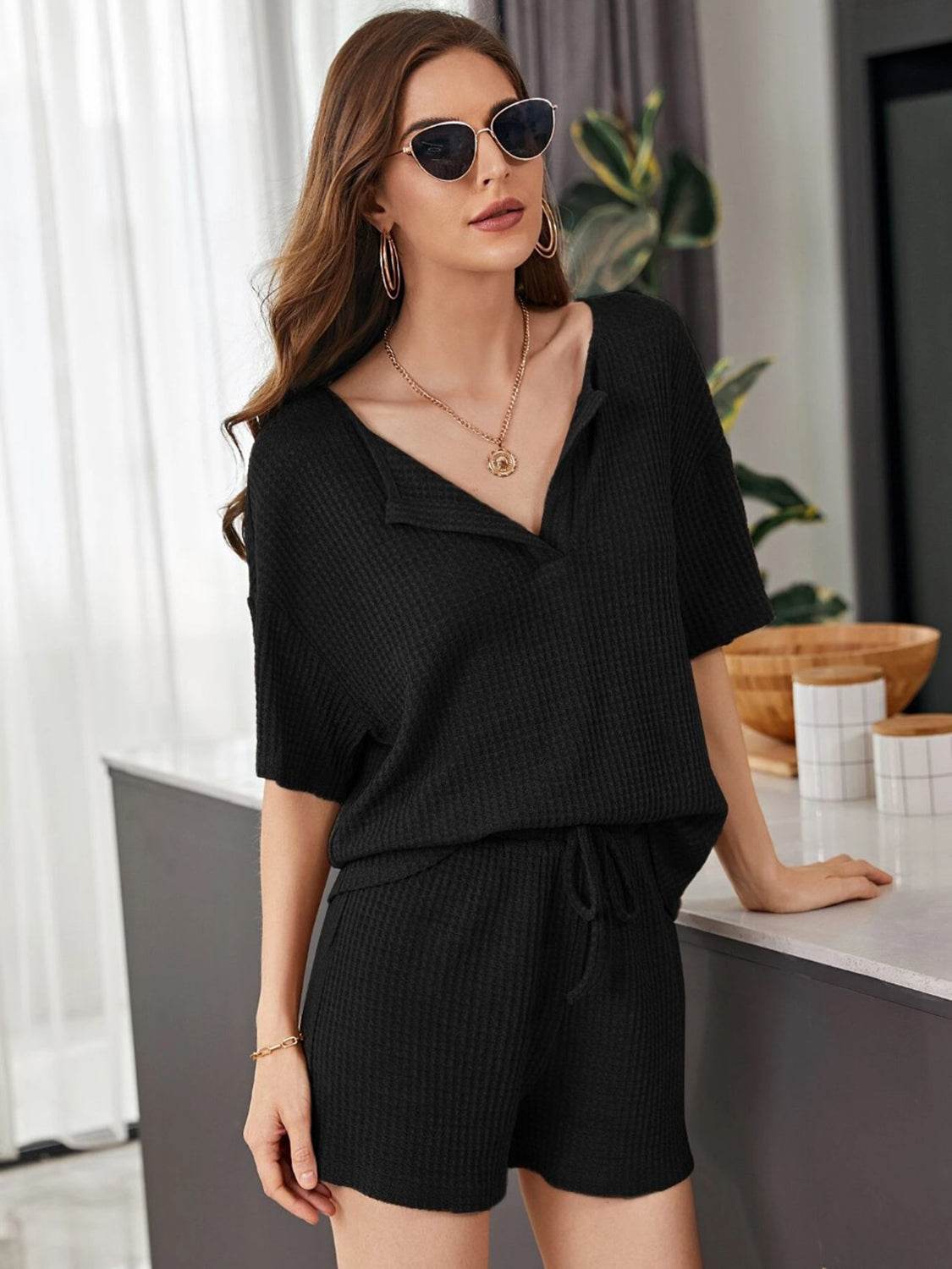Full Size Waffle-Knit Dropped Shoulder Top and Shorts Set - DaTrendStore.Com