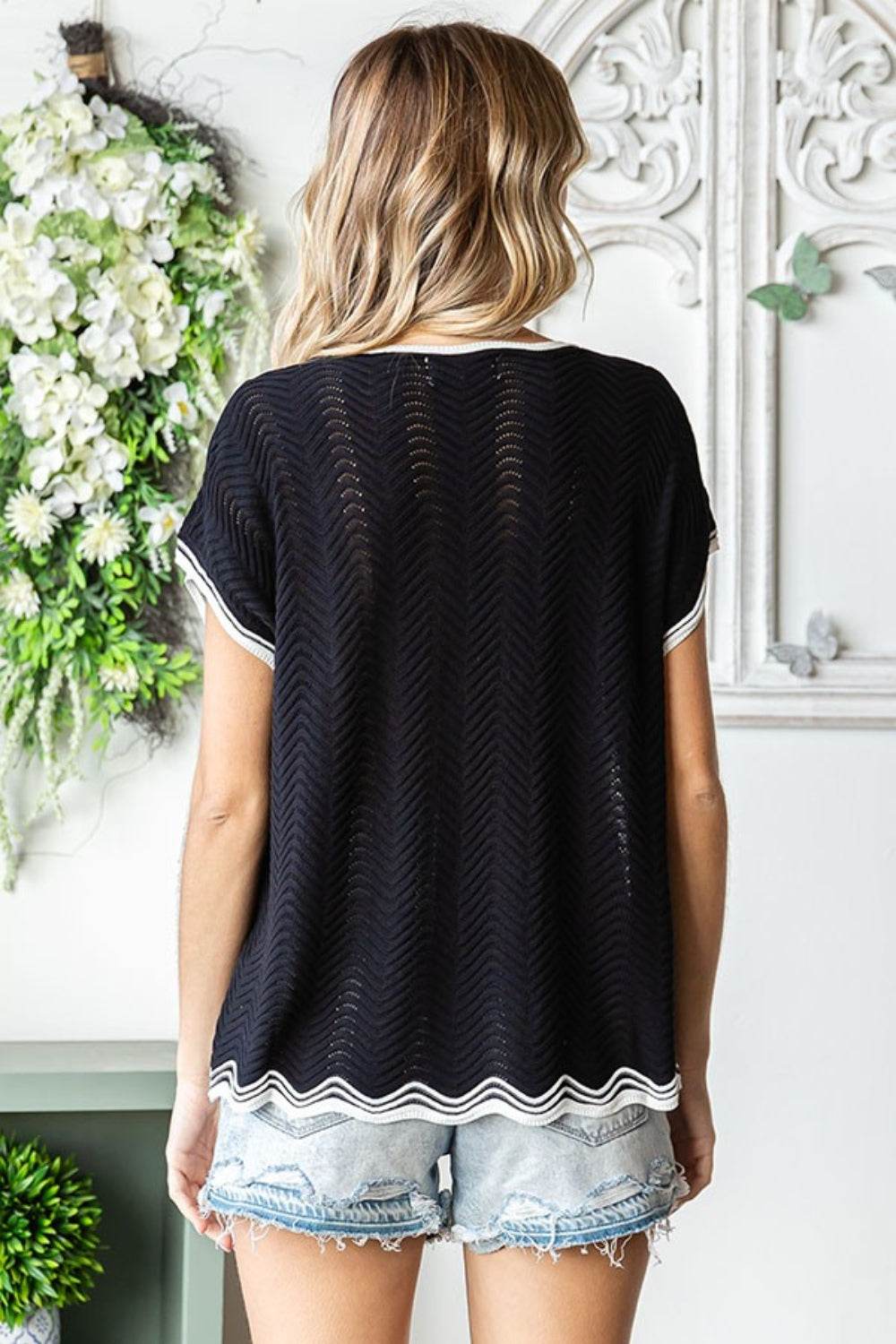 First Love Full Size Contrast Wavy Crochet Drop Shoulder Knit Top - DaTrendStore.Com