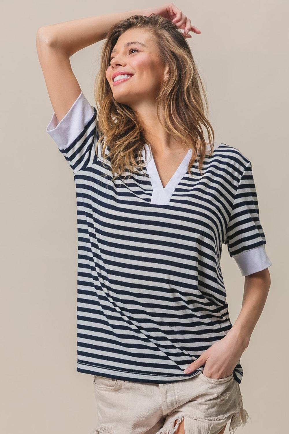 BiBi Contrast Striped Notched Knit Top - DaTrendStore.Com