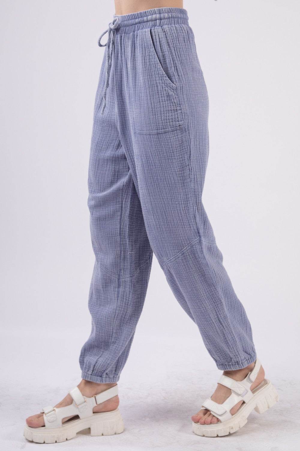 VERY J Washed Woven Crinkle Gauze Drawstring Cargo Pants - DaTrendStore.Com