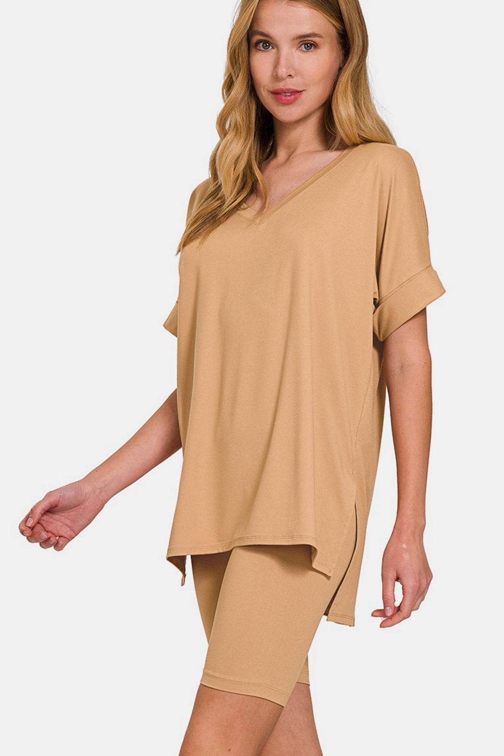 Zenana V-Neck Short Sleeve T-Shirt and Biker Shorts Set - DaTrendStore.Com