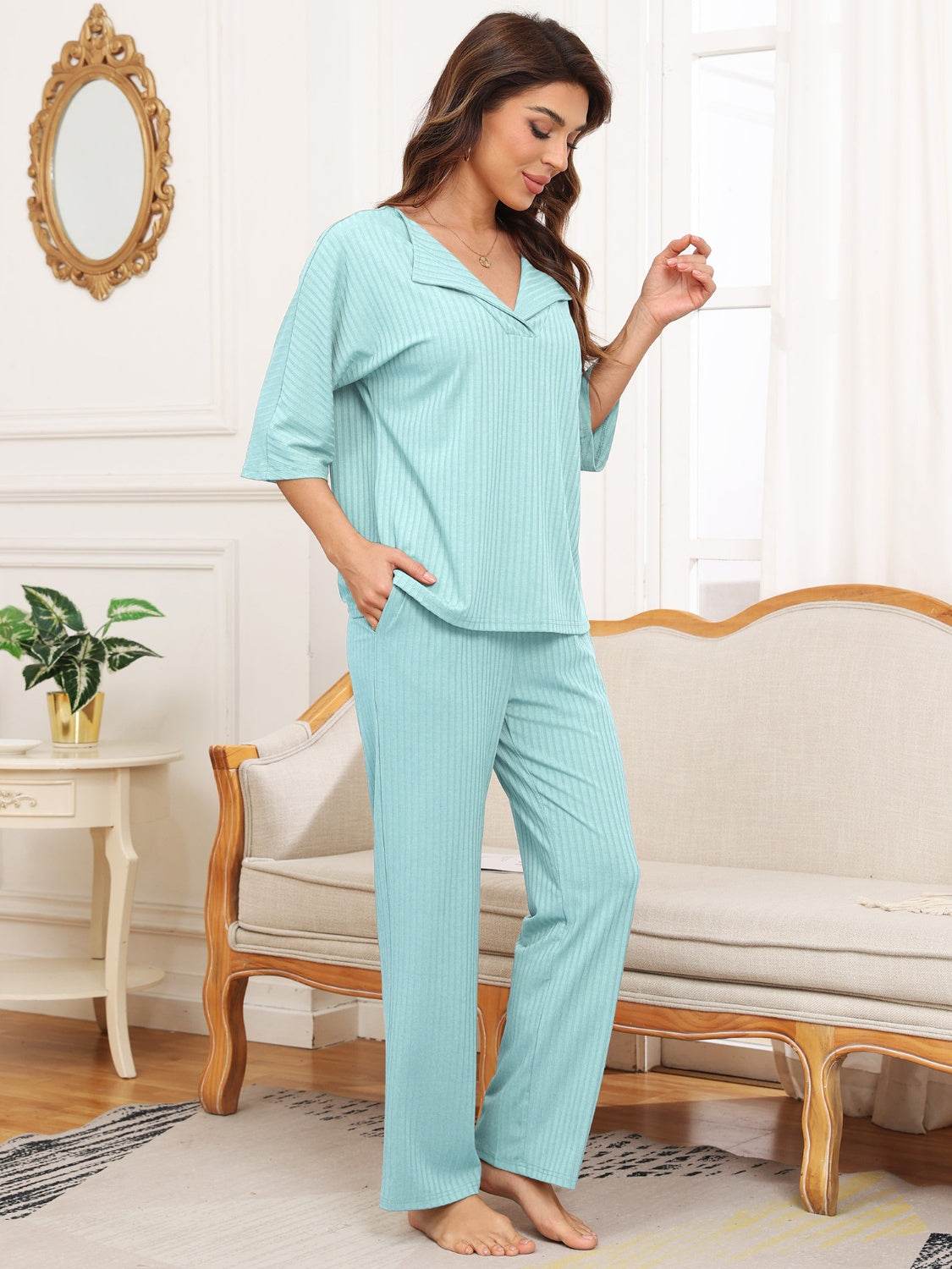 Ribbed Half Sleeve Top and Pocketed Pants Set - DaTrendStore.Com