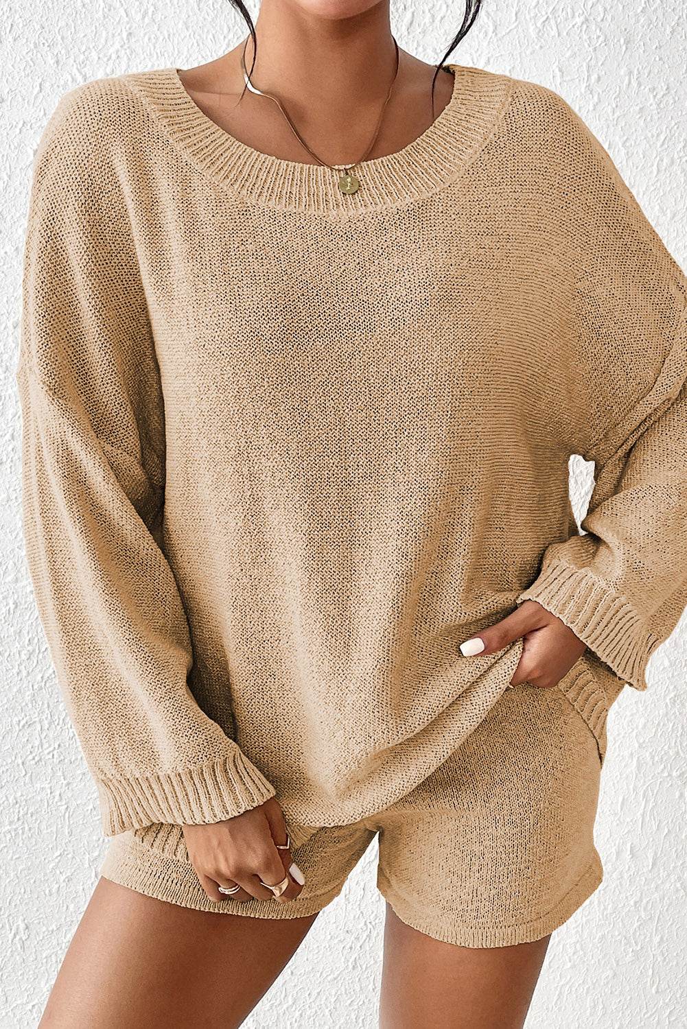 Round Neck Dropped Shoulder Sweater and Drawstring Pants Set - DaTrendStore.Com