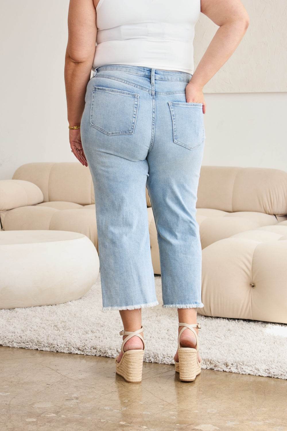 RFM Full Size Tummy Control High Waist Raw Hem Distressed Jeans - DaTrendStore.Com