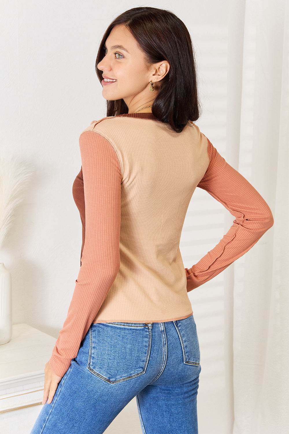 Double Take Color Block Exposed Seam Long Sleeve Top - DaTrendStore.Com