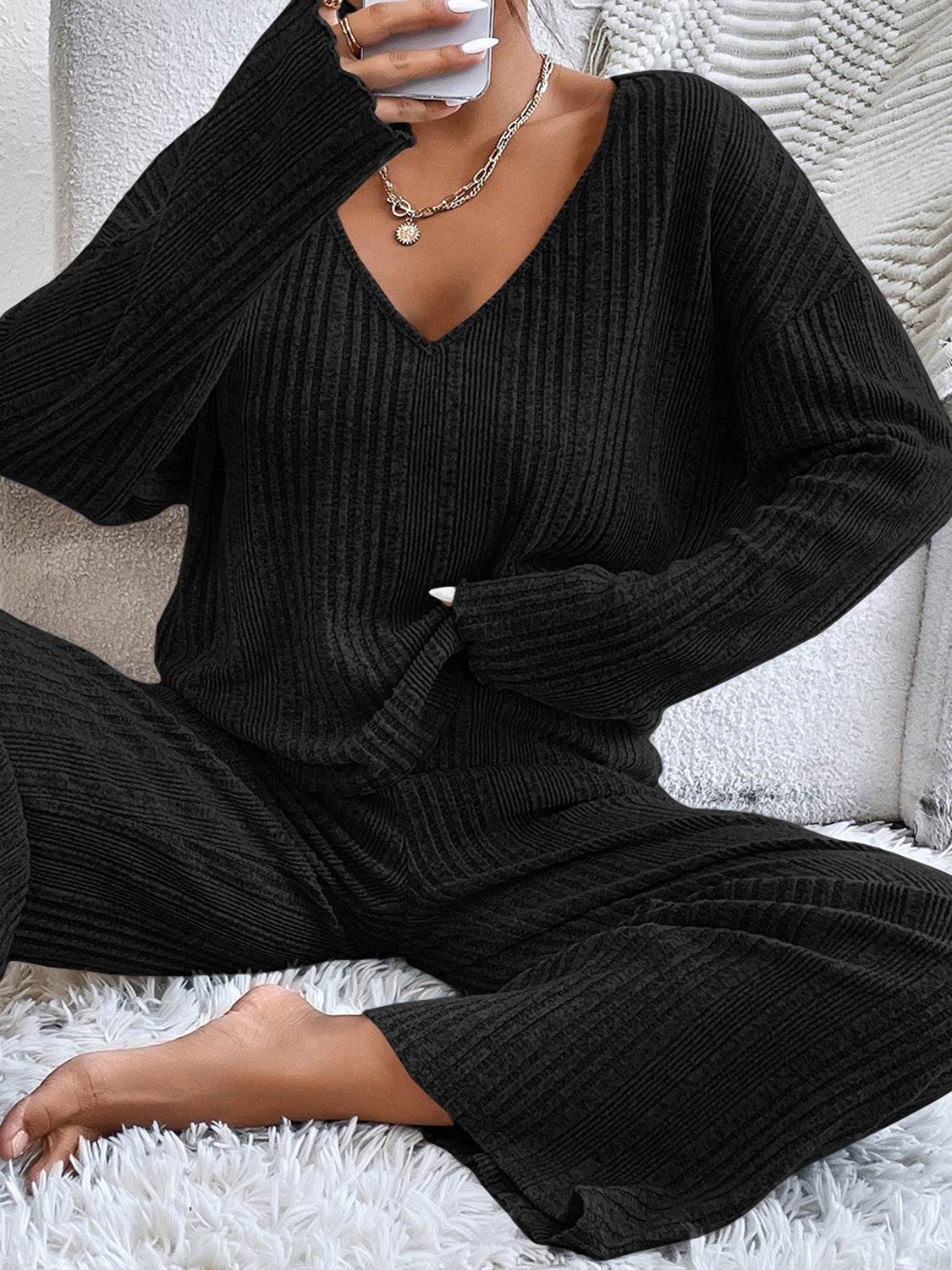 V-Neck Long Sleeve Top and Pants Set - DaTrendStore.Com
