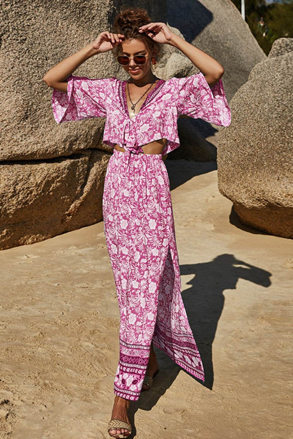 Printed Half Sleeve Top and Slit Skirt Set - DaTrendStore.Com