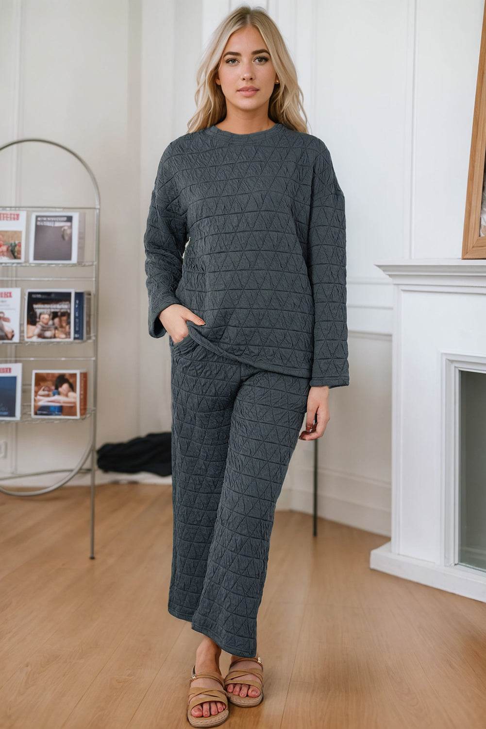 Round Neck Top and Pocketed Pants Lounge Set - DaTrendStore.Com