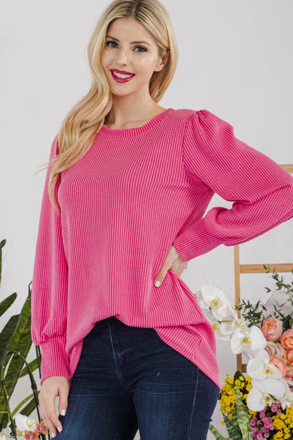 Celeste Full Size Striped Round Neck Lantern Sleeve Top - DaTrendStore.Com
