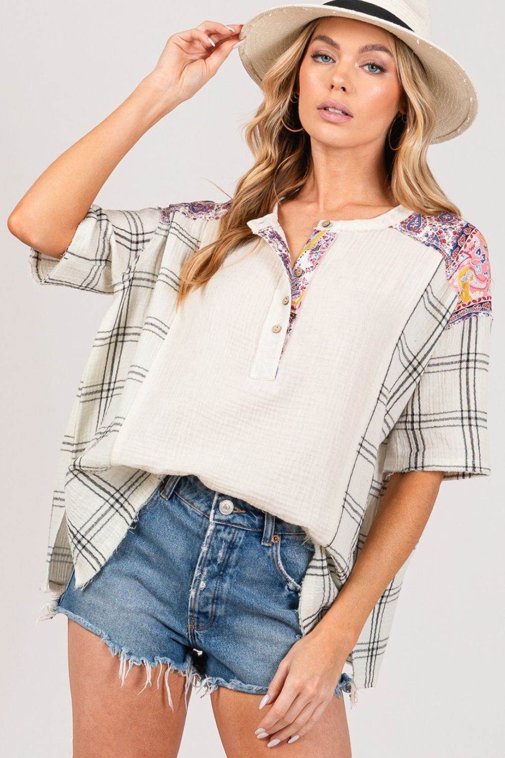 SAGE + FIG Plaid Half Button Gauze Top - DaTrendStore.Com