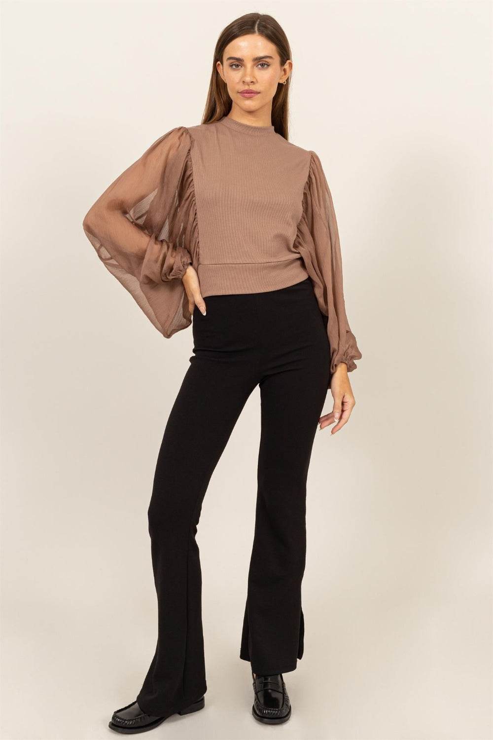 HYFVE Ruched Sheer Long Sleeve Mock Neck Blouse - DaTrendStore.Com