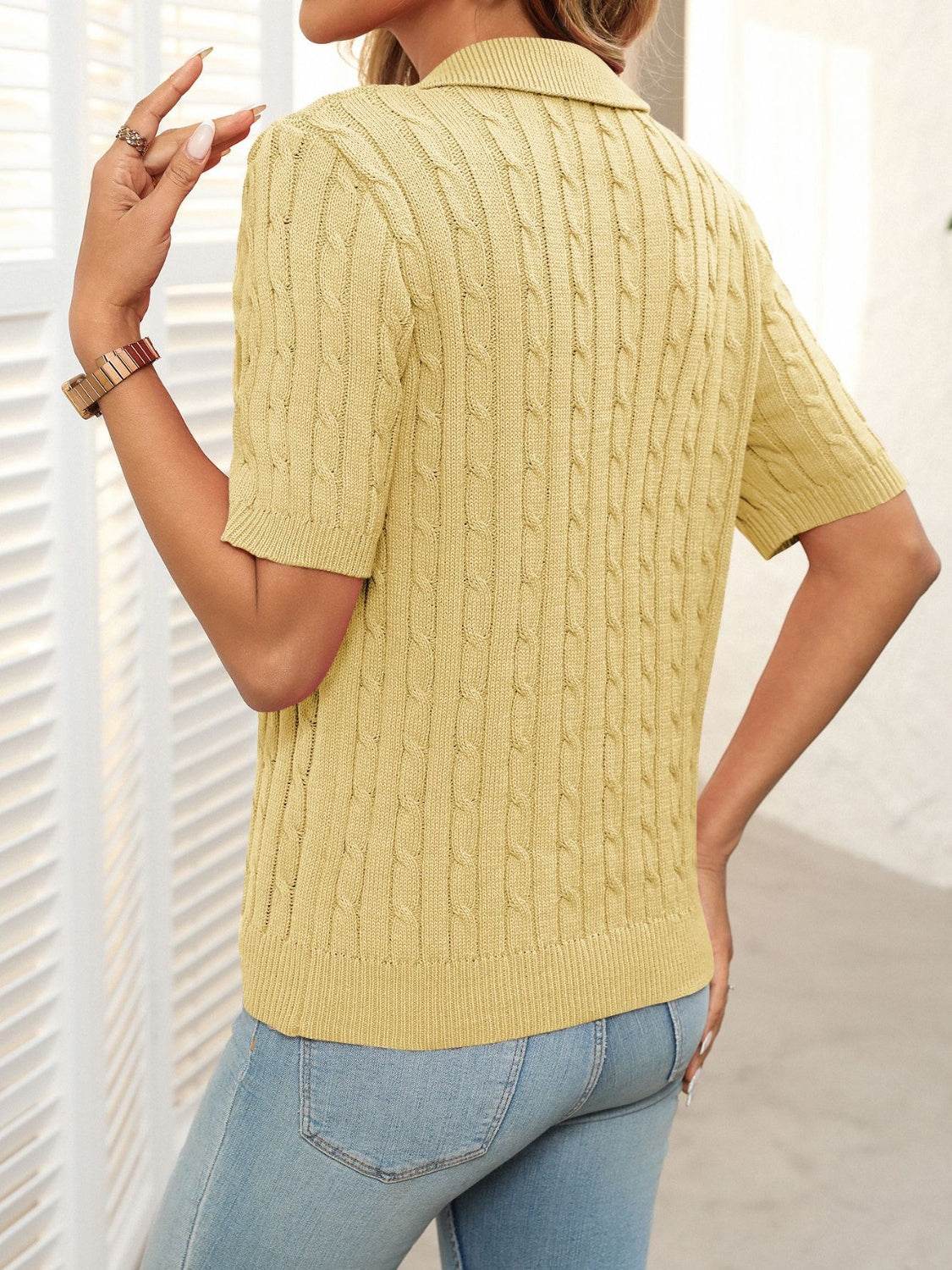 Mandy Cable Knit Johnny Collar Half Sleeve Sweater - DaTrendStore.Com