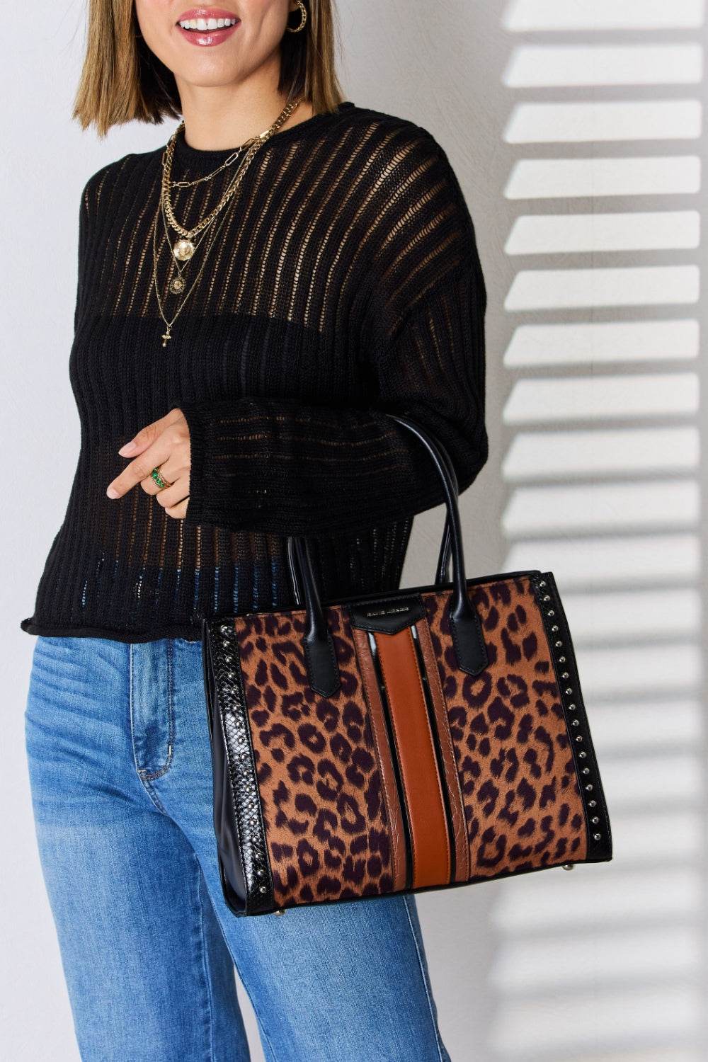 David Jones Leopard Contrast Rivet Handbag - DaTrendStore.Com