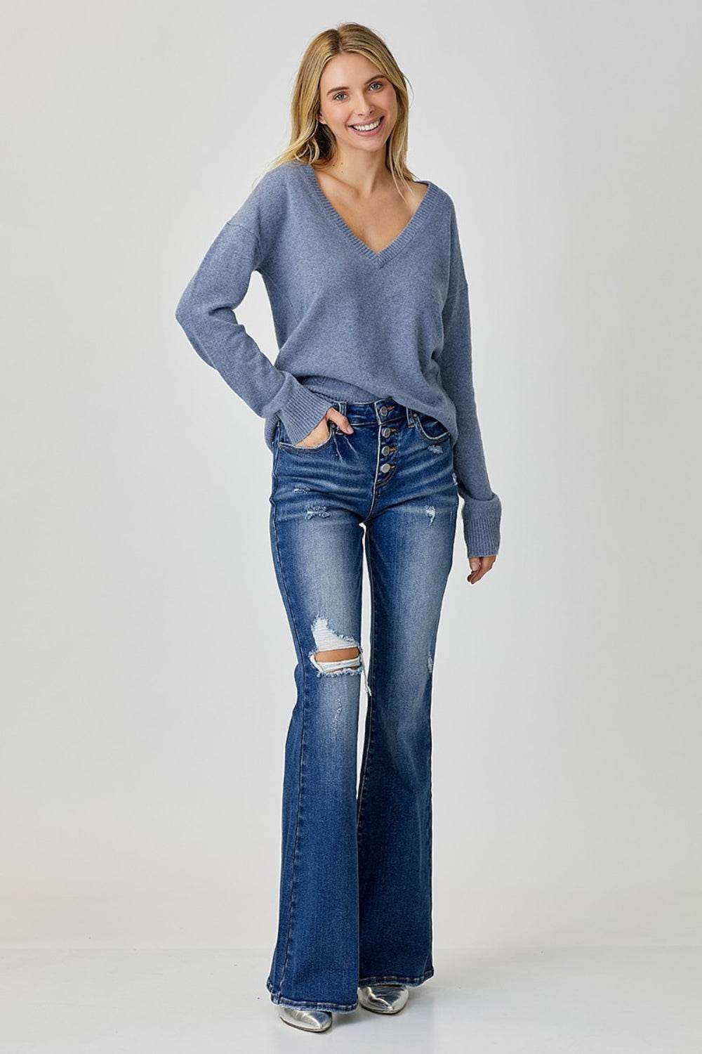 RISEN Distressed Button-Fly Flare Jeans - DaTrendStore.Com