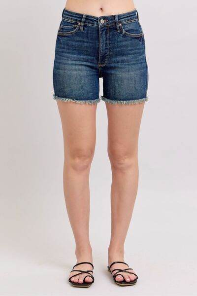 Judy Blue Tummy Control Fray Hem & Shield Back Pockets Denim Shorts - DaTrendStore.Com