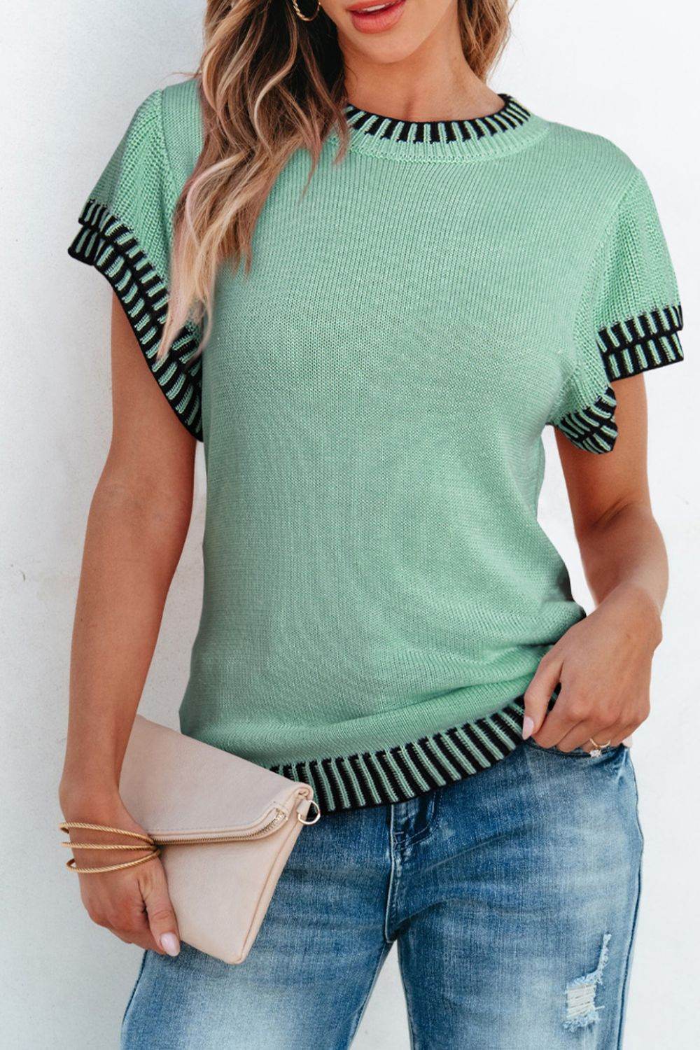 Round Neck Short Sleeve Knit Top - DaTrendStore.Com