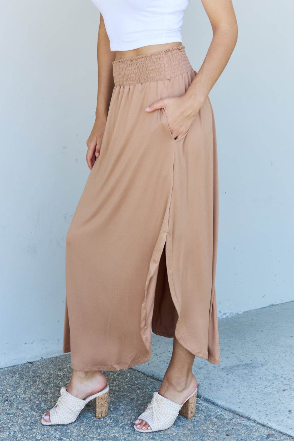 Doublju Comfort Princess Full Size High Waist Scoop Hem Maxi Skirt in Tan - DaTrendStore.Com