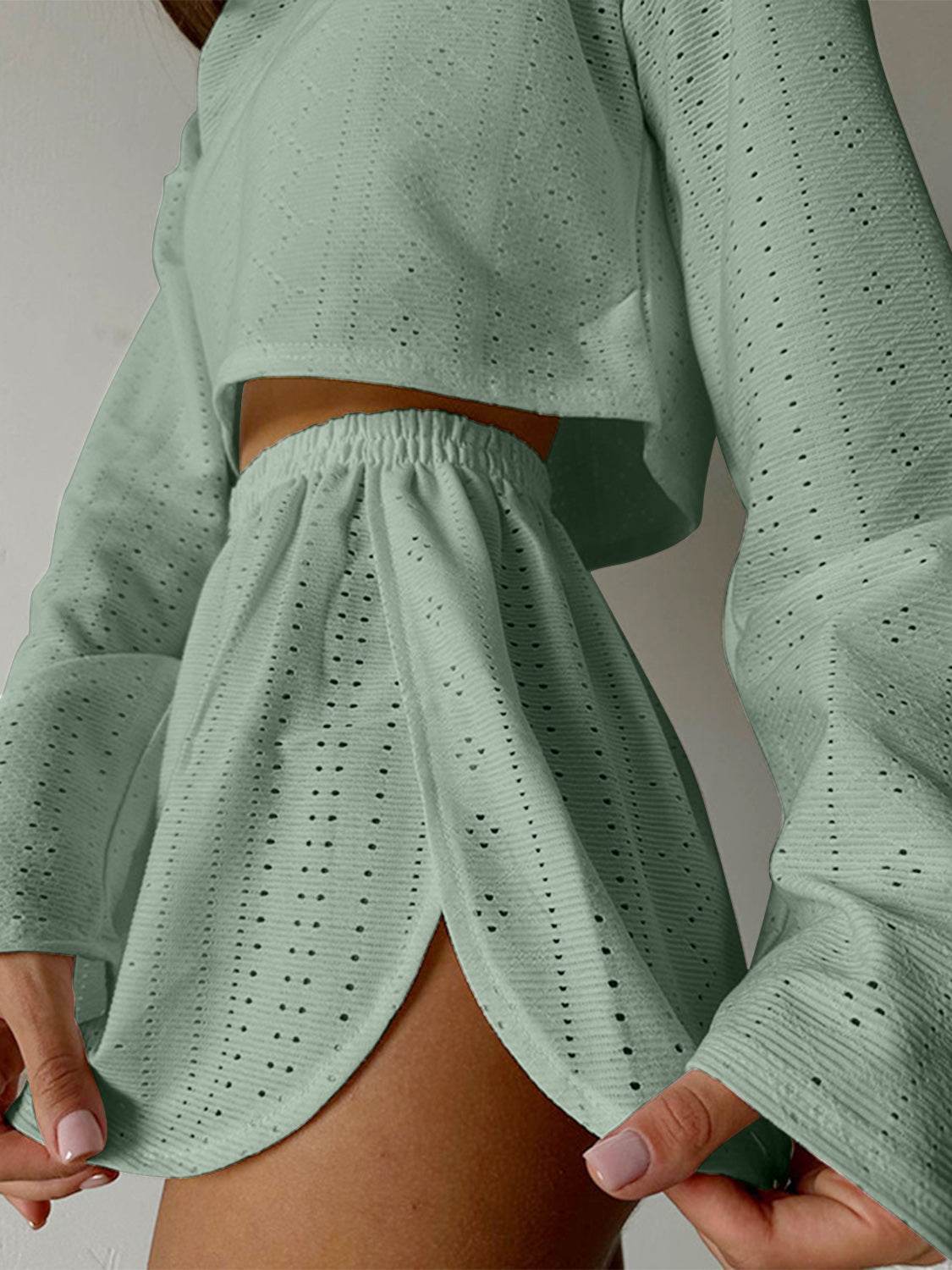 Eyelet Round Neck Top and Shorts Set - DaTrendStore.Com