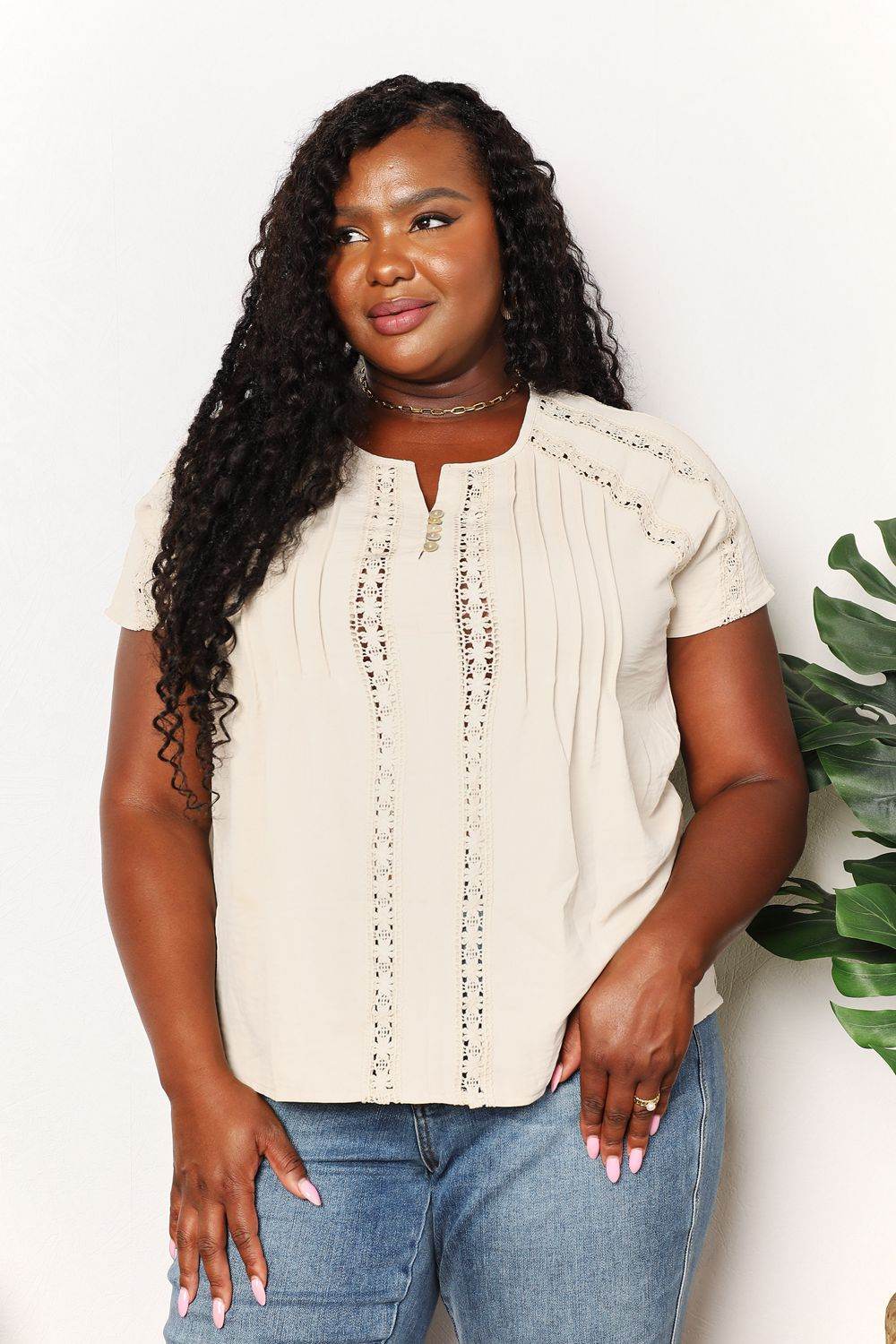 Double Take Crochet Buttoned Short Sleeves Top - DaTrendStore.Com