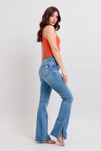 Judy Blue HW Tummy Control Vintage Wash Side Slit Slim Boot Jeans - DaTrendStore.Com