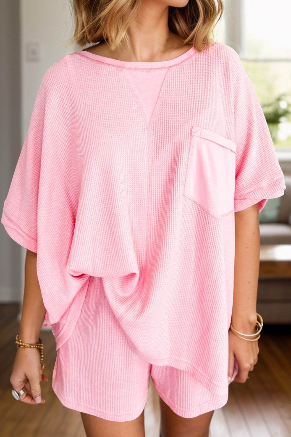 Waffle-Knit Half Sleeve Top and Shorts Set - DaTrendStore.Com