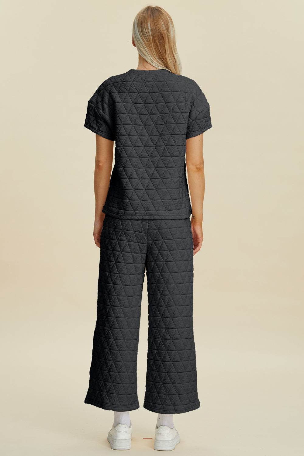 Double Take Full Size Texture Round Neck Short Sleeve Top and Pants Set - DaTrendStore.Com