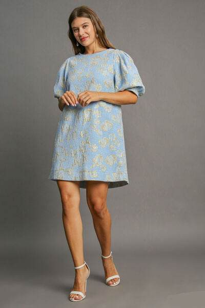 Umgee Floral Jacquard Puff Sleeve Mini Dress - DaTrendStore.Com