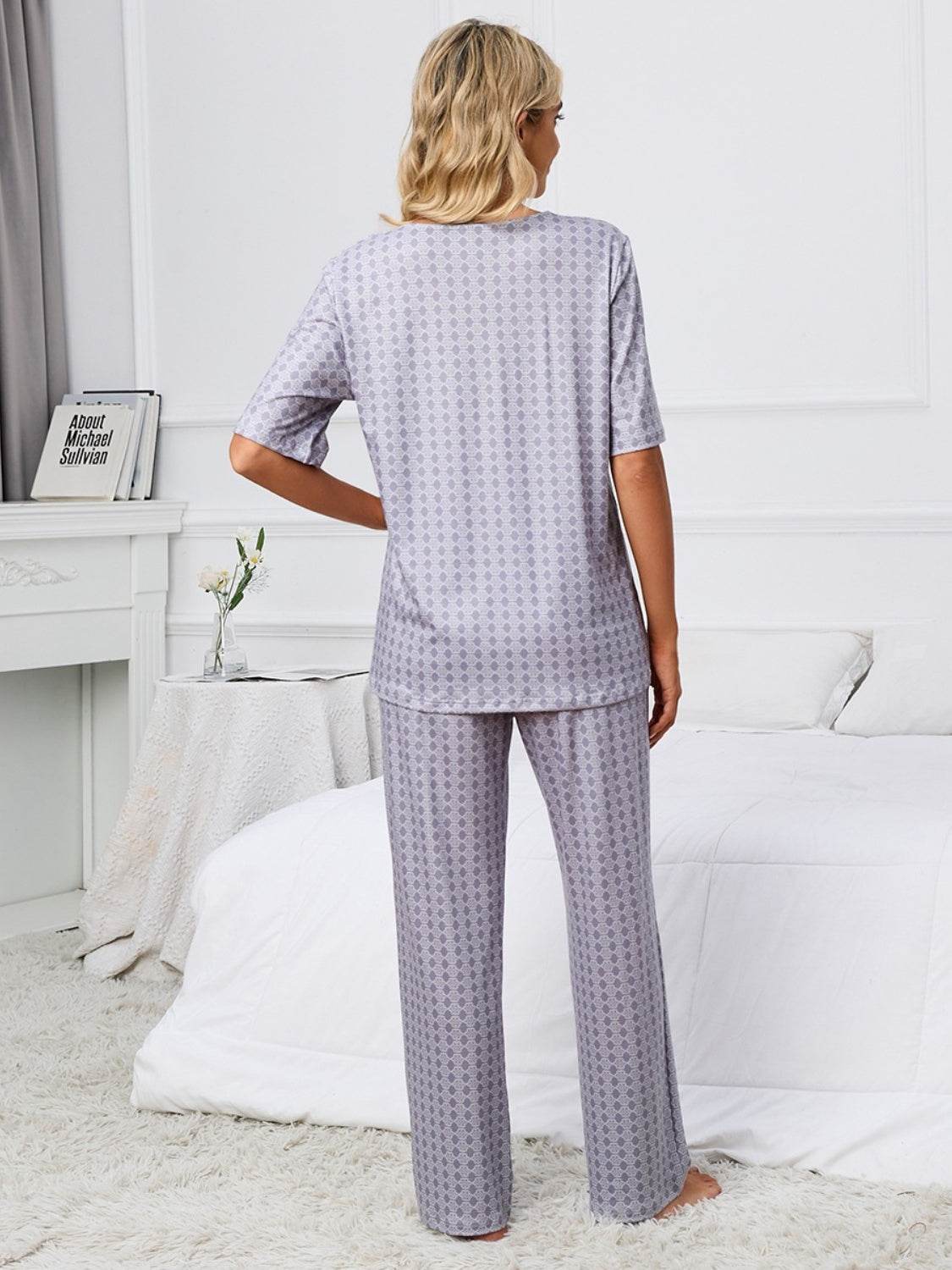 Printed V-Neck Top and Pants Lounge Set - DaTrendStore.Com