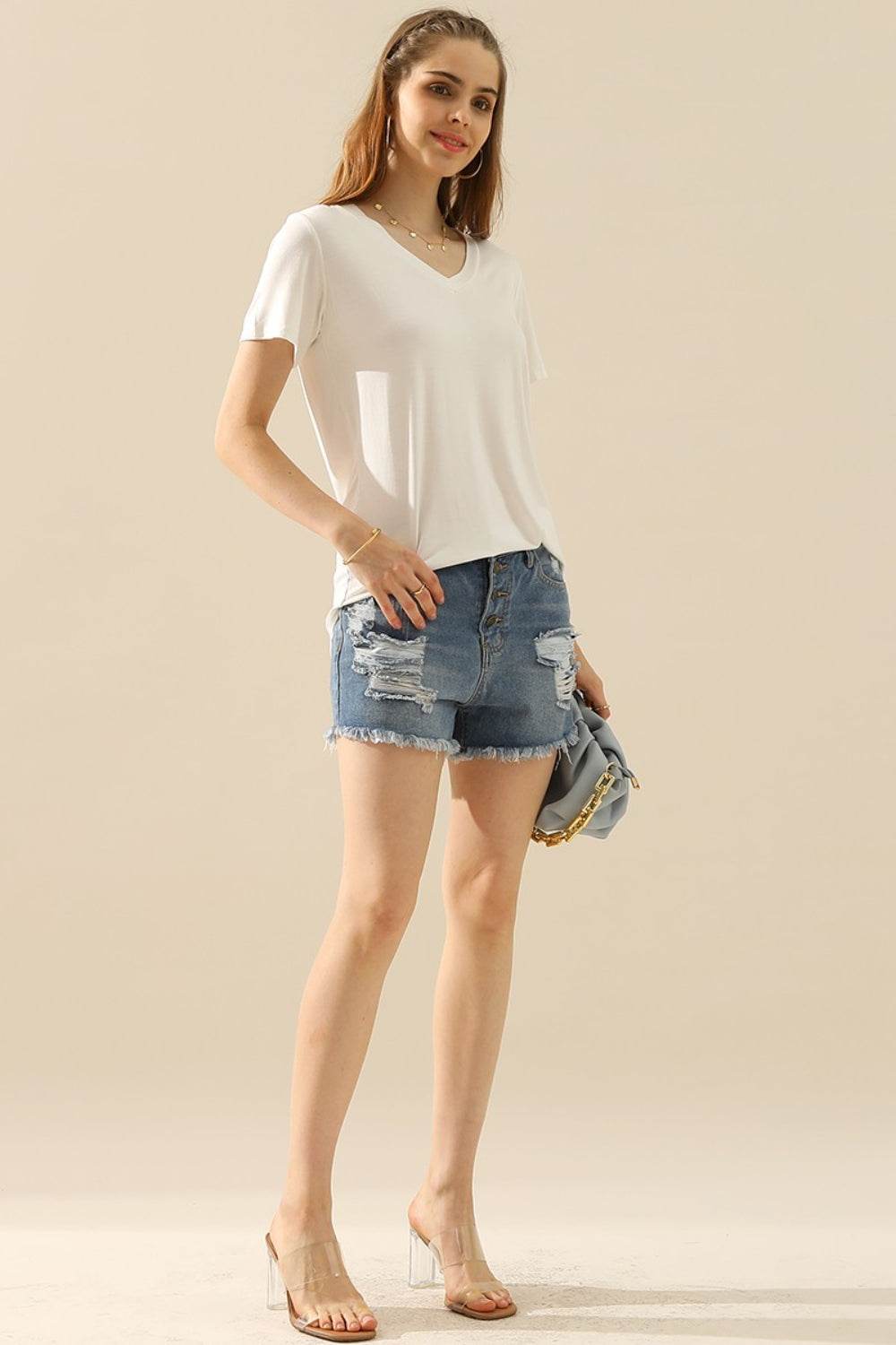 Ninexis Full Size V-Neck Short Sleeve T-Shirt - DaTrendStore.Com