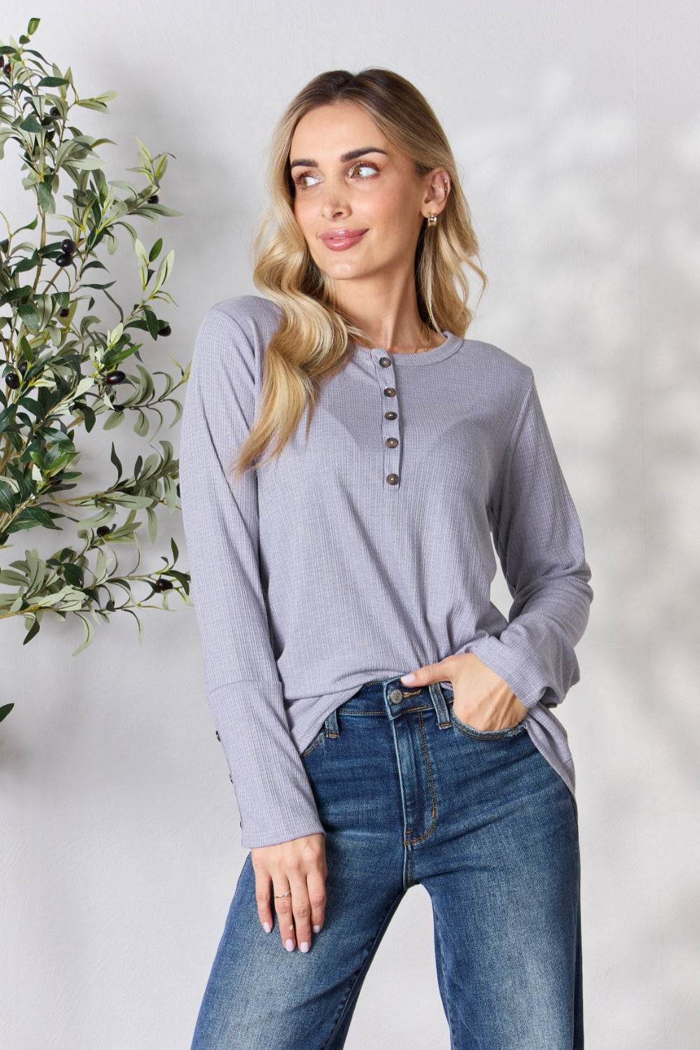 Heimish Full Size Texture Half Button Long Sleeve Top - DaTrendStore.Com
